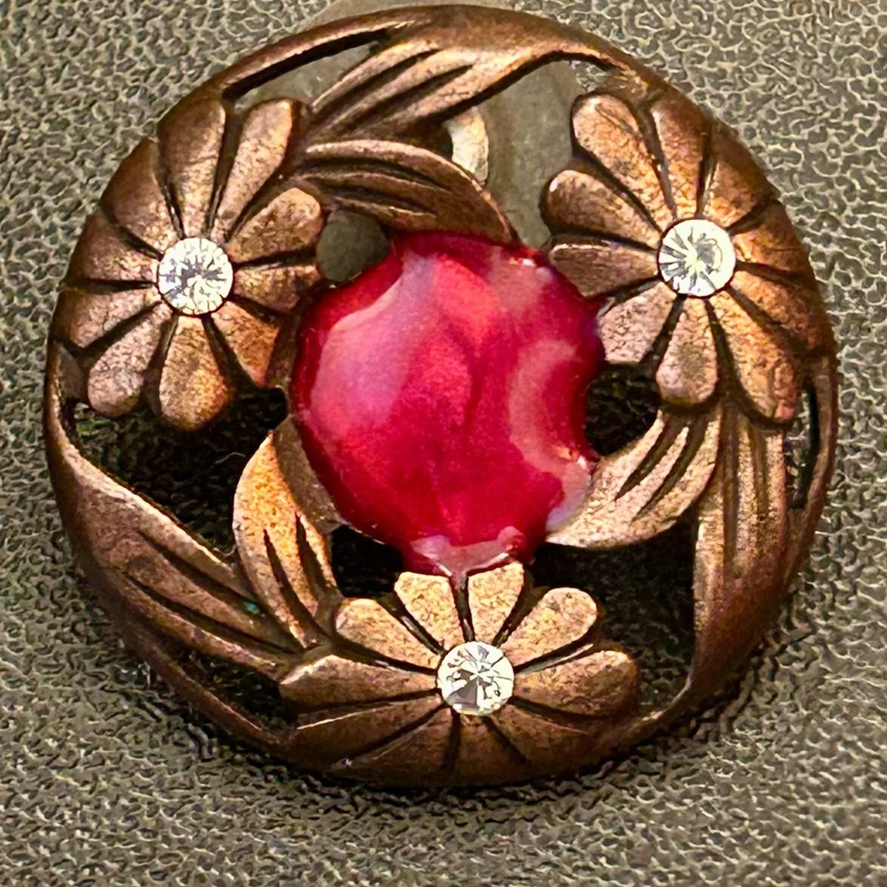 Floral Rhinestone Earrings Vintage Inspired Red Cabochon Round Copper Stud
